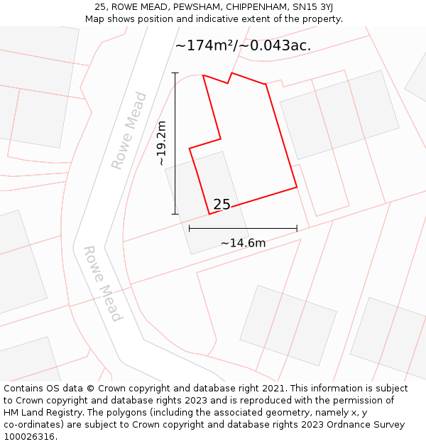 25, ROWE MEAD, PEWSHAM, CHIPPENHAM, SN15 3YJ: Plot and title map