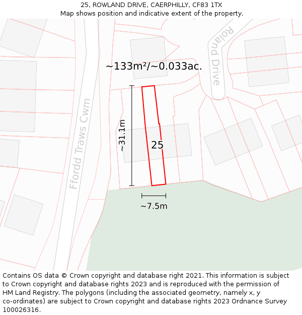 25, ROWLAND DRIVE, CAERPHILLY, CF83 1TX: Plot and title map