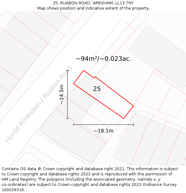 25, RUABON ROAD, WREXHAM, LL13 7NY: Plot and title map