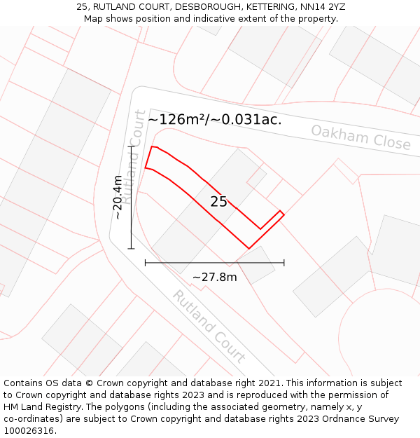 25, RUTLAND COURT, DESBOROUGH, KETTERING, NN14 2YZ: Plot and title map