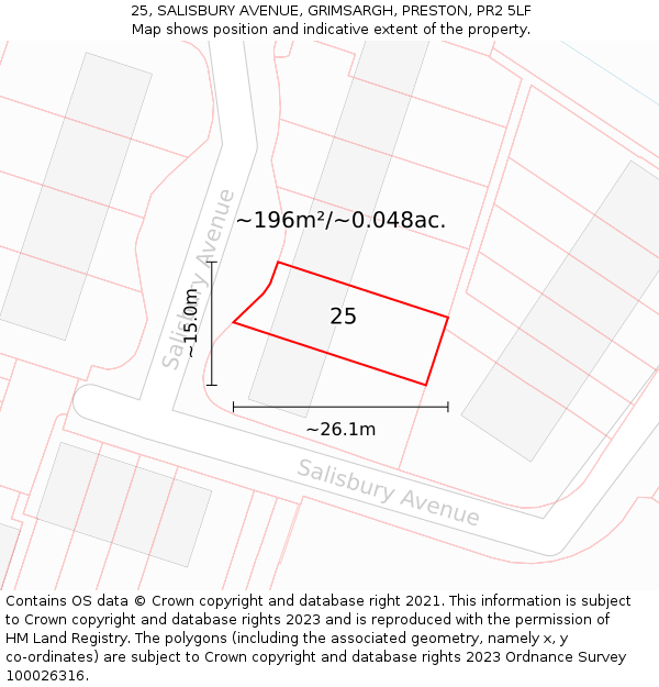 25, SALISBURY AVENUE, GRIMSARGH, PRESTON, PR2 5LF: Plot and title map
