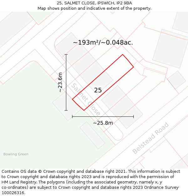25, SALMET CLOSE, IPSWICH, IP2 9BA: Plot and title map