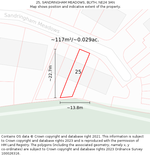 25, SANDRINGHAM MEADOWS, BLYTH, NE24 3AN: Plot and title map