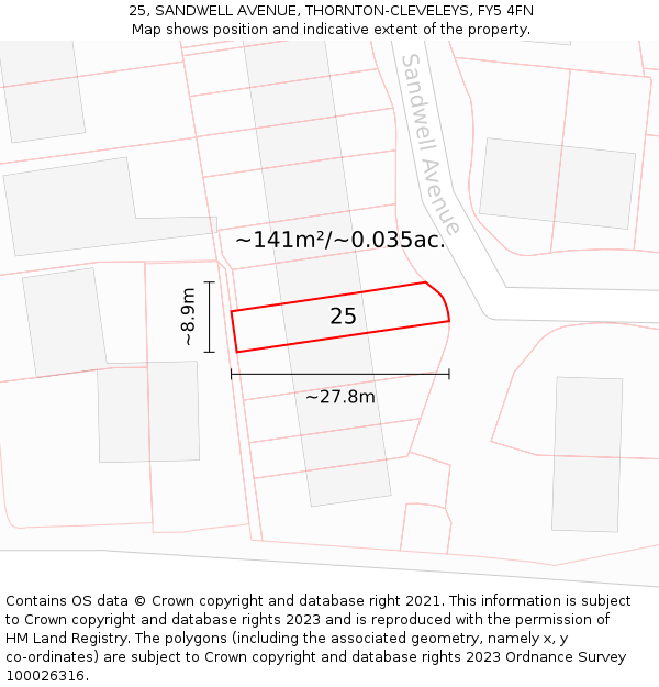 25, SANDWELL AVENUE, THORNTON-CLEVELEYS, FY5 4FN: Plot and title map