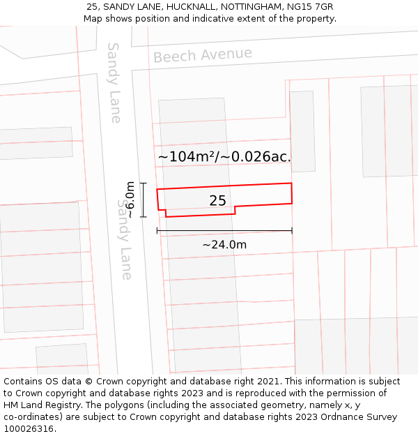 25, SANDY LANE, HUCKNALL, NOTTINGHAM, NG15 7GR: Plot and title map