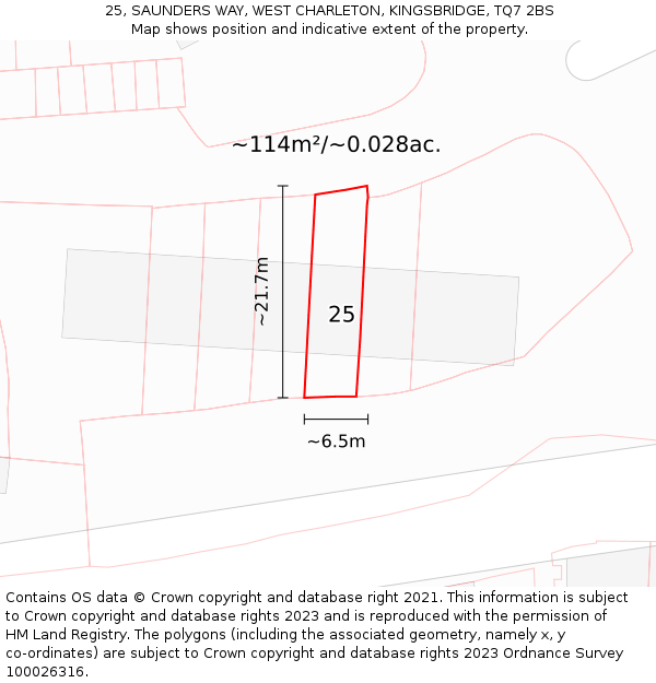 25, SAUNDERS WAY, WEST CHARLETON, KINGSBRIDGE, TQ7 2BS: Plot and title map
