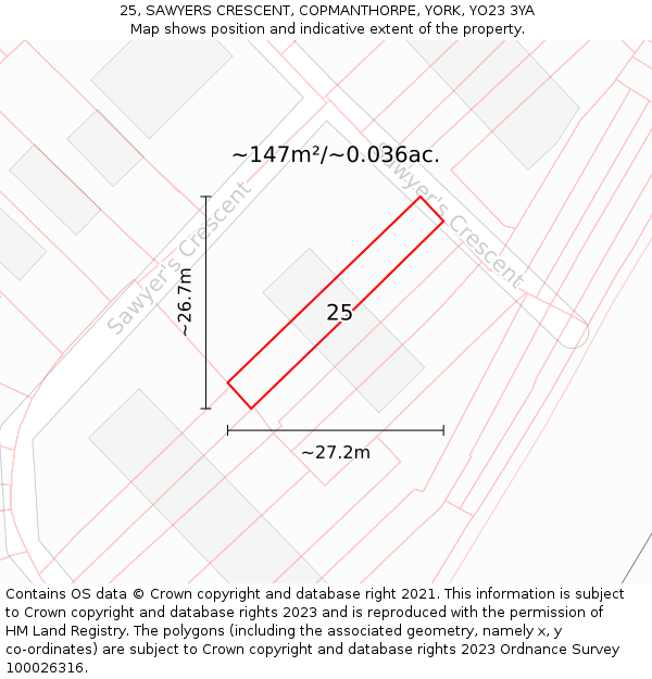 25, SAWYERS CRESCENT, COPMANTHORPE, YORK, YO23 3YA: Plot and title map