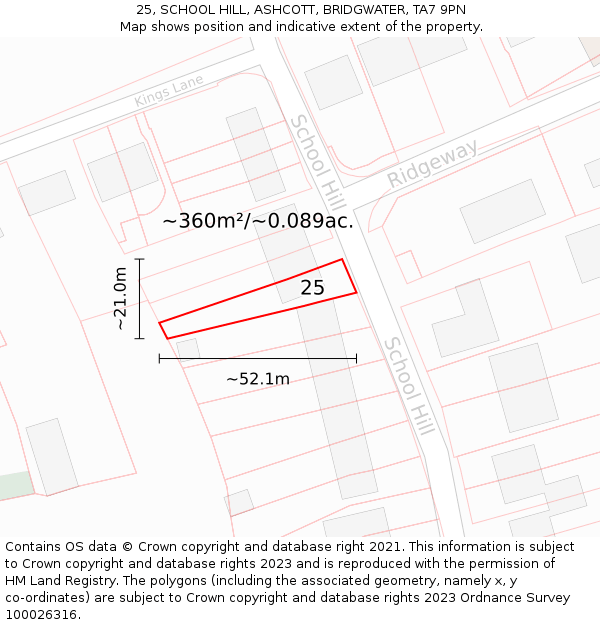 25, SCHOOL HILL, ASHCOTT, BRIDGWATER, TA7 9PN: Plot and title map