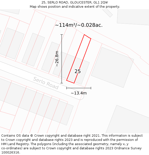 25, SERLO ROAD, GLOUCESTER, GL1 2QW: Plot and title map