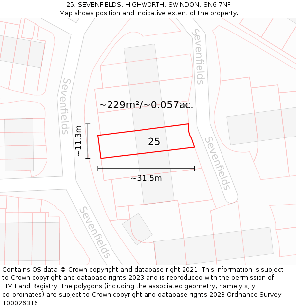 25, SEVENFIELDS, HIGHWORTH, SWINDON, SN6 7NF: Plot and title map