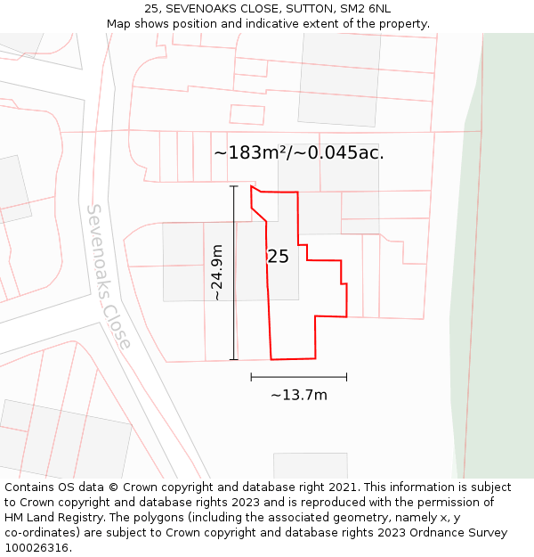 25, SEVENOAKS CLOSE, SUTTON, SM2 6NL: Plot and title map