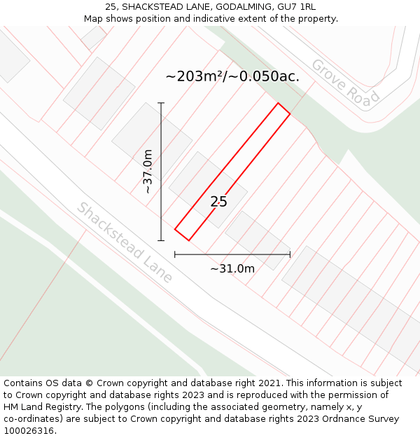 25, SHACKSTEAD LANE, GODALMING, GU7 1RL: Plot and title map
