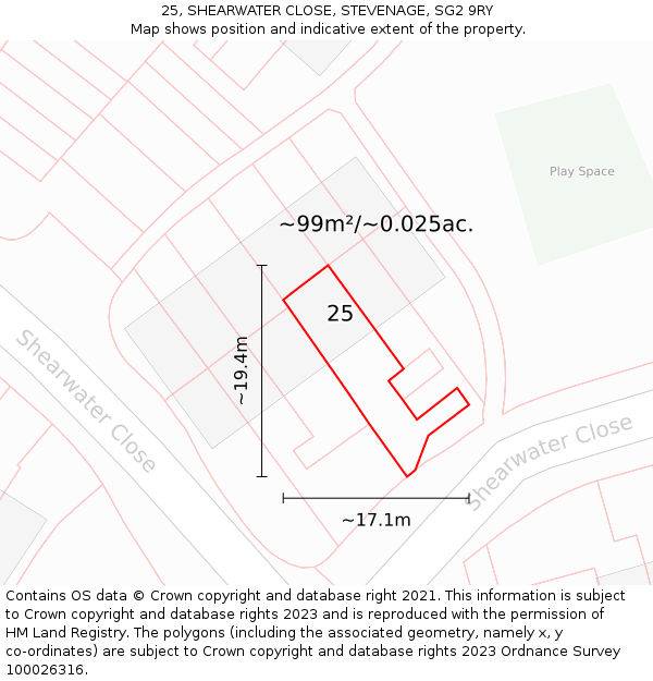 25, SHEARWATER CLOSE, STEVENAGE, SG2 9RY: Plot and title map