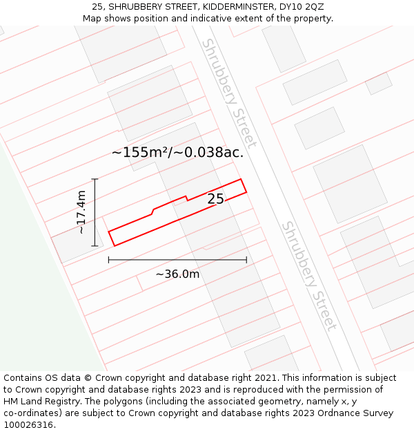 25, SHRUBBERY STREET, KIDDERMINSTER, DY10 2QZ: Plot and title map