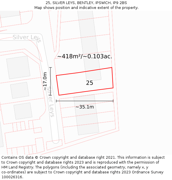 25, SILVER LEYS, BENTLEY, IPSWICH, IP9 2BS: Plot and title map