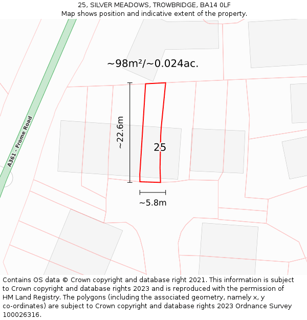 25, SILVER MEADOWS, TROWBRIDGE, BA14 0LF: Plot and title map