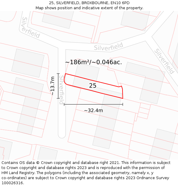 25, SILVERFIELD, BROXBOURNE, EN10 6PD: Plot and title map
