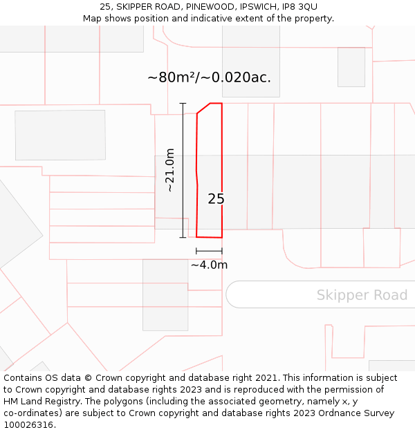 25, SKIPPER ROAD, PINEWOOD, IPSWICH, IP8 3QU: Plot and title map