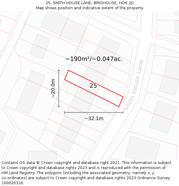 25, SMITH HOUSE LANE, BRIGHOUSE, HD6 2JY: Plot and title map