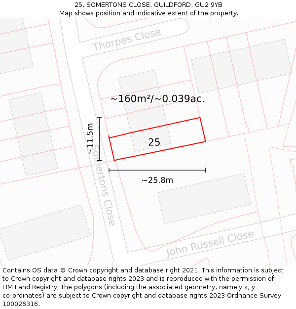 25, SOMERTONS CLOSE, GUILDFORD, GU2 9YB: Plot and title map