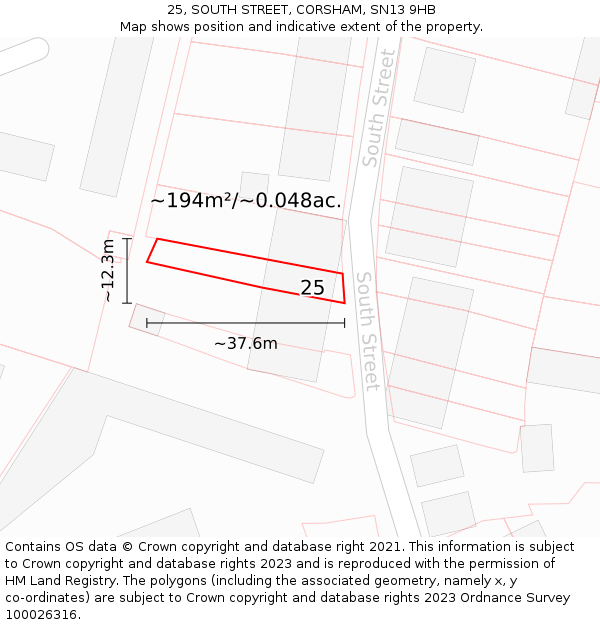 25, SOUTH STREET, CORSHAM, SN13 9HB: Plot and title map