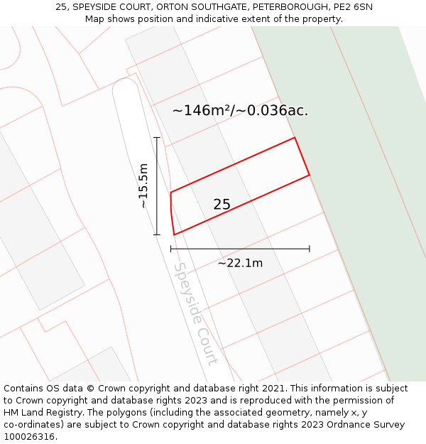 25, SPEYSIDE COURT, ORTON SOUTHGATE, PETERBOROUGH, PE2 6SN: Plot and title map