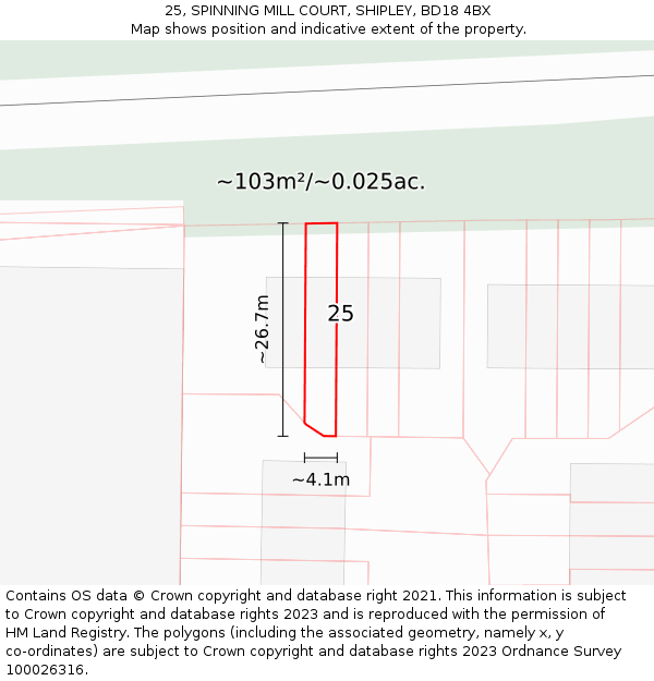 25, SPINNING MILL COURT, SHIPLEY, BD18 4BX: Plot and title map