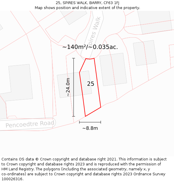 25, SPIRES WALK, BARRY, CF63 1FJ: Plot and title map