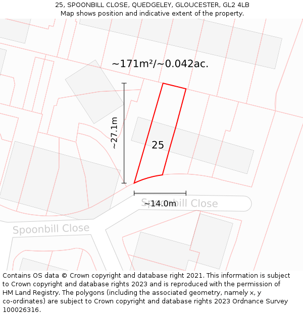 25, SPOONBILL CLOSE, QUEDGELEY, GLOUCESTER, GL2 4LB: Plot and title map