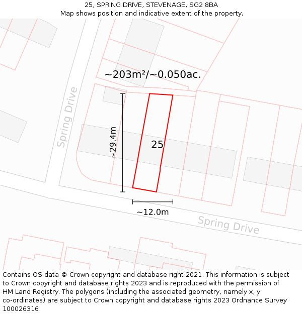 25, SPRING DRIVE, STEVENAGE, SG2 8BA: Plot and title map