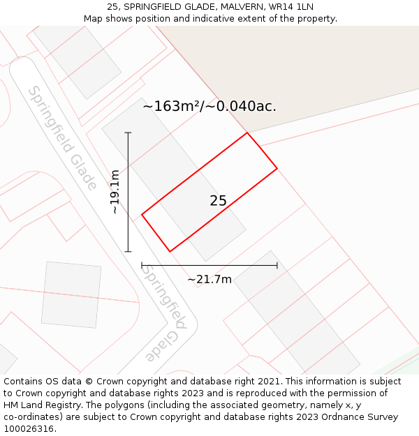 25, SPRINGFIELD GLADE, MALVERN, WR14 1LN: Plot and title map