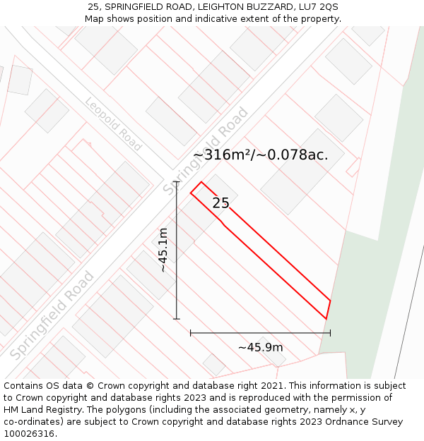 25, SPRINGFIELD ROAD, LEIGHTON BUZZARD, LU7 2QS: Plot and title map