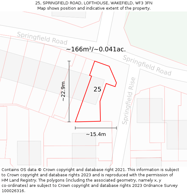 25, SPRINGFIELD ROAD, LOFTHOUSE, WAKEFIELD, WF3 3FN: Plot and title map