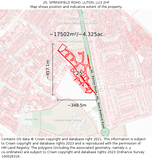25, SPRINGFIELD ROAD, LUTON, LU3 2HF: Plot and title map
