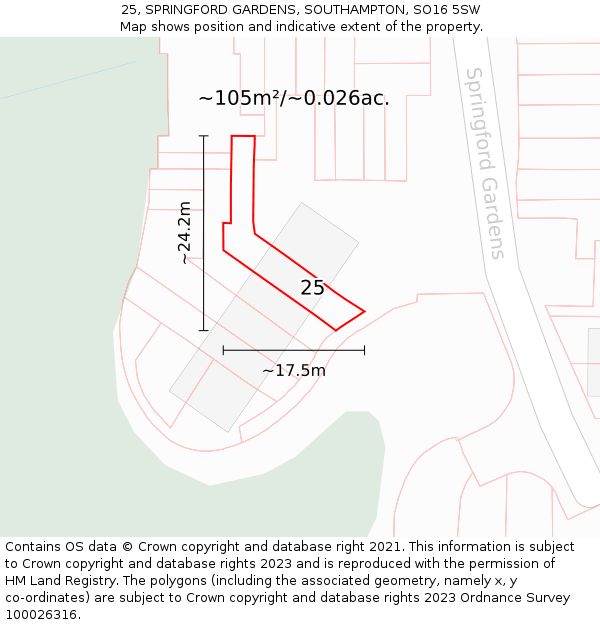 25, SPRINGFORD GARDENS, SOUTHAMPTON, SO16 5SW: Plot and title map