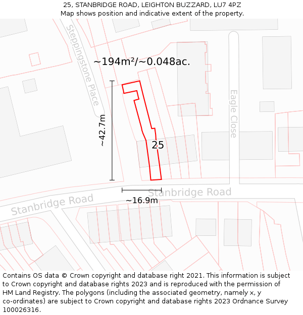 25, STANBRIDGE ROAD, LEIGHTON BUZZARD, LU7 4PZ: Plot and title map