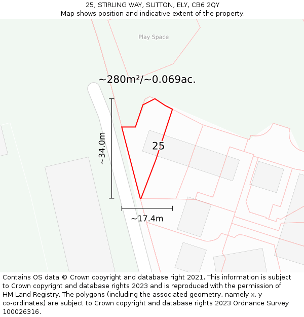 25, STIRLING WAY, SUTTON, ELY, CB6 2QY: Plot and title map