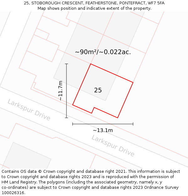 25, STOBOROUGH CRESCENT, FEATHERSTONE, PONTEFRACT, WF7 5FA: Plot and title map