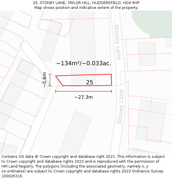 25, STONEY LANE, TAYLOR HILL, HUDDERSFIELD, HD4 6HP: Plot and title map