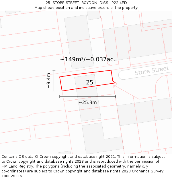 25, STORE STREET, ROYDON, DISS, IP22 4ED: Plot and title map