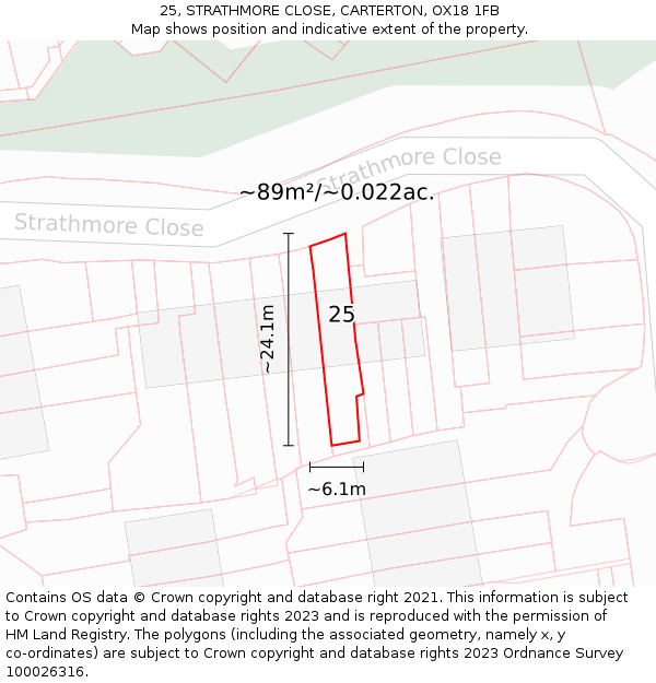 25, STRATHMORE CLOSE, CARTERTON, OX18 1FB: Plot and title map