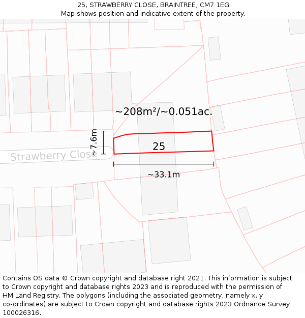 25, STRAWBERRY CLOSE, BRAINTREE, CM7 1EG: Plot and title map