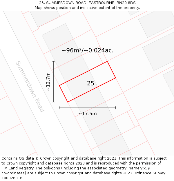25, SUMMERDOWN ROAD, EASTBOURNE, BN20 8DS: Plot and title map