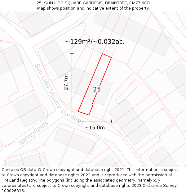 25, SUN LIDO SQUARE GARDENS, BRAINTREE, CM77 6GD: Plot and title map