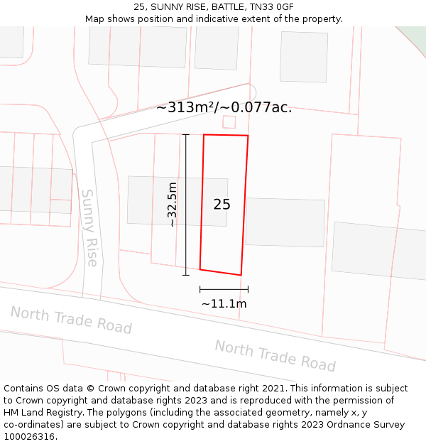 25, SUNNY RISE, BATTLE, TN33 0GF: Plot and title map