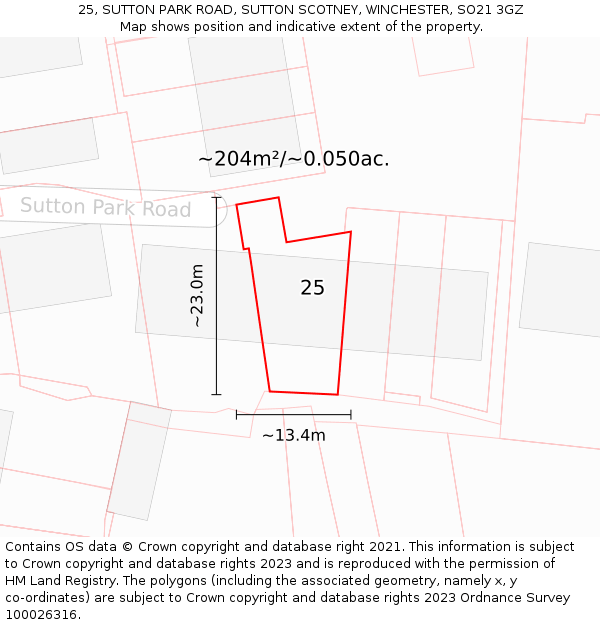 25, SUTTON PARK ROAD, SUTTON SCOTNEY, WINCHESTER, SO21 3GZ: Plot and title map