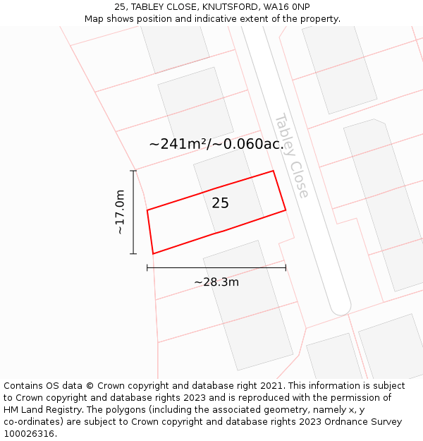 25, TABLEY CLOSE, KNUTSFORD, WA16 0NP: Plot and title map