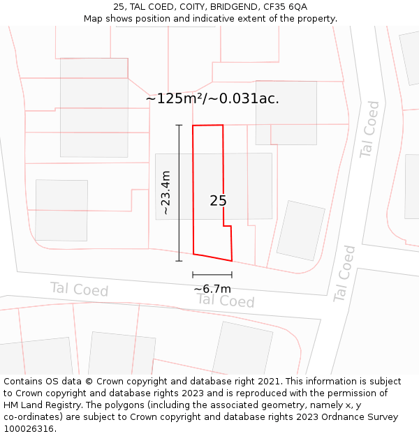 25, TAL COED, COITY, BRIDGEND, CF35 6QA: Plot and title map