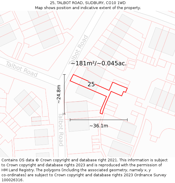 25, TALBOT ROAD, SUDBURY, CO10 1WD: Plot and title map