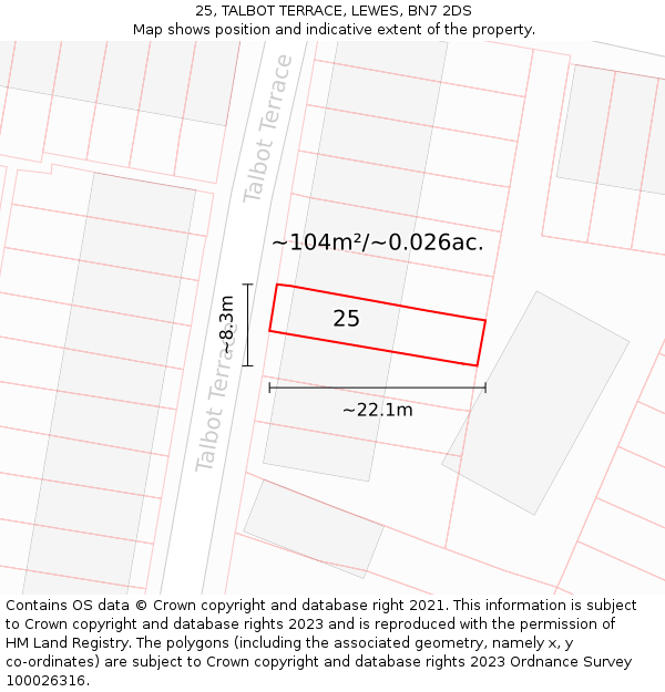 25, TALBOT TERRACE, LEWES, BN7 2DS: Plot and title map
